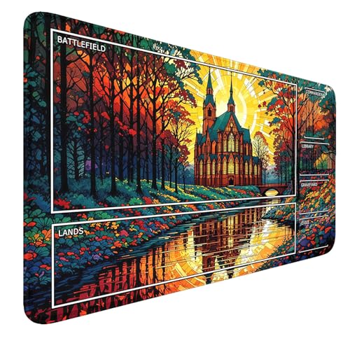 MTG Playmat- Stitched Edges Forest TCG Playmat-Non-Slip Landscape Play Mat Smooth Surface Rubber Base Board Game Mousepad 24x14 inches for Trading Card Game Playing with Storage Bags - color: Forest Castle Stitched Edges Mats With Zones