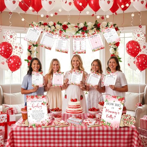 Funnymoom 426 Pcs Strawberry Baby Shower Games Set-8 Games Includes Baby Shower Bingo Price is Right Guess Who Word Scramble Prediction and Advice How Big is Mommy's Belly Don't Say the Words - color: Red, style: Strawberry