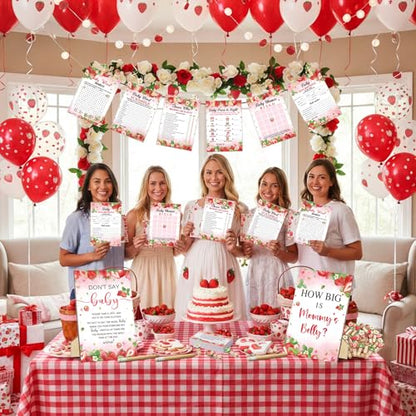 Funnymoom 426 Pcs Strawberry Baby Shower Games Set-8 Games Includes Baby Shower Bingo Price is Right Guess Who Word Scramble Prediction and Advice How Big is Mommy's Belly Don't Say the Words - color: Red, style: Strawberry