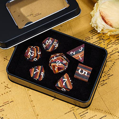 Wooden DND Dice Set Wood Polyhedral Dice Set D&D for Tabletop Games | Iron Box, DM Gift, for Dungeons and Dragons Role Playing Games - color: Yellow Striped