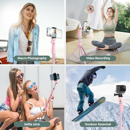 SENSYNE 72" Phone Tripod & Selfie Stick, Extendable Cell Phone Tripod Stand with Wireless Remote and Phone Holder, Compatible with iPhone Android Phone, Camera, Pink - color: Pink, size: 72-inch