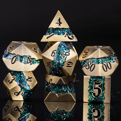 Metal Polyhedral Dice Set, 7PCS RPG Dice with Galaxy Glitter Resin Inlay for Dungeons and Dragons, Pathfinder Tabletop Role Playing Games - color: Antique Turquoise