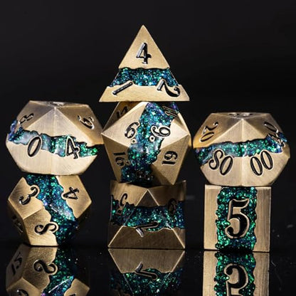 Metal Polyhedral Dice Set, 7PCS RPG Dice with Galaxy Glitter Resin Inlay for Dungeons and Dragons, Pathfinder Tabletop Role Playing Games - color: Antique Turquoise