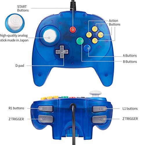 KIWITATA Mini N64 Wired 64-bit Game Controller for Retro Original N64 Console Clear Blue - color: Transparent