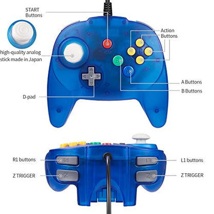 KIWITATA Mini N64 Wired 64-bit Game Controller for Retro Original N64 Console Clear Blue - color: Transparent