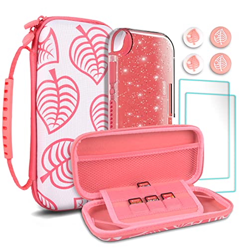 TIKOdirect Carrying Case for Nintendo Switch lite, Shockproof Portable Travel Bag with Glitter Galaxy cover, Screen Protectors and Cute Leaf Thumb Grips Caps, Animal Crossing Pink - color: Animal Crossing Pink