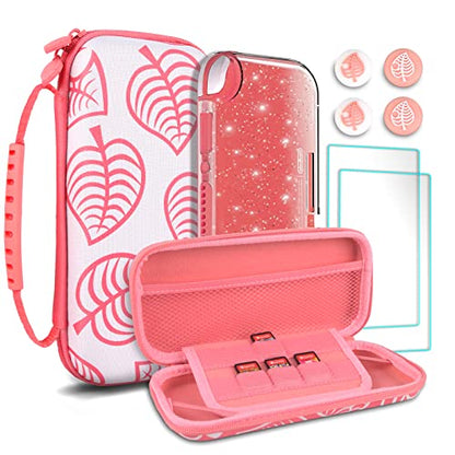 TIKOdirect Carrying Case for Nintendo Switch lite, Shockproof Portable Travel Bag with Glitter Galaxy cover, Screen Protectors and Cute Leaf Thumb Grips Caps, Animal Crossing Pink - color: Animal Crossing Pink