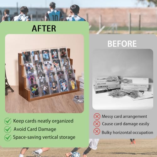 Donmills 4 Tier Card Display Stand, Wooden Trading Card Display Stand Tabletop, Graded Baseball Sports Card Display Shelf for Basketball Football Cards Game Collection, Show & Vendor, Brown - color: Brown-tabletop