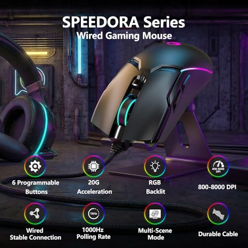 Wired Gaming Mouse,Ergonomic 8000 DPI Optical Gaming Mice with 12 RGB Backlit Modes, 6 Programmable Buttons, DIY Software for PC Gamer & Office