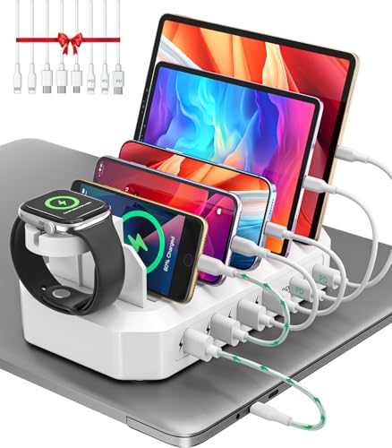 95W USB Charging Station for Multiple Devices 6-Port Charger Organizer Dock | UL & FCC Tested Safer Charging, 2 PD-Port, with 8 Cables & 2 Stand, Compatible with iPhone/Android/MacBook/iPad/Tablet/Kindle - color: White