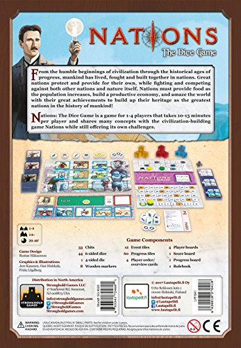 Stronghold Games Nations The Dice Game, Strategy Game, for 1-4 Players | ages 14+, For 1 to 4 players ages 14 and up, Play time is 10 to 15 minutes per player, Roll dice and build your civilization