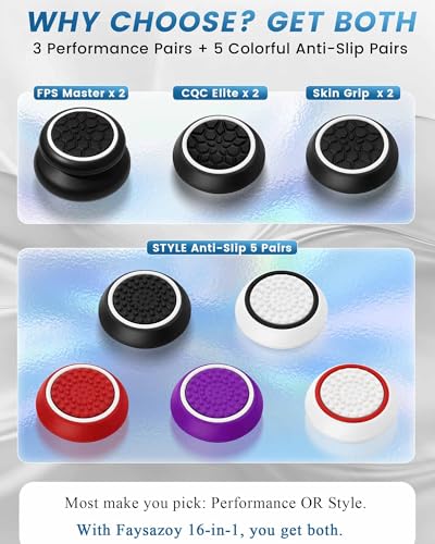 16-in-1 Performance Thumb Grips Joystick Caps for PS5/4/Xbox/Switch Pro, 3 Height Thumbstick Grips Covers (FPS, CQC, Skin) & 5 Anti-Slip, Ultimate Comfort & Control