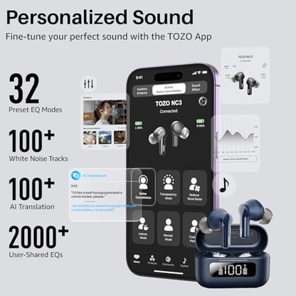 TOZO Hybrid Active Noise Cancelling Wireless Earbuds 6 Mics AI Clear Call | 68H Playtime LED Display 32 Preset EQs App Bluetooth 5.3 IPX8 Waterproof Ear Buds - color: Blue