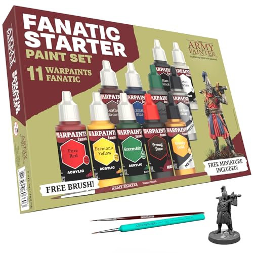 The Army Painter, Warpaints Fanatic Starter Set Combo, 11 x 18 ml | Colori acrilici incl. 2 metallici, 1 wash, 2 pennelli e 1 miniatura gratuita, D&D e Warhammer