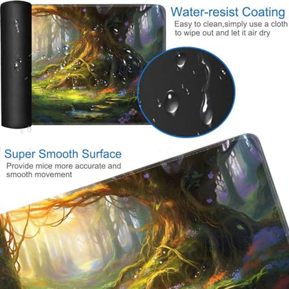 JVGFYNKL MTG Playmat + Drawstring Travel Pouch + 6 Dice Counter, for Tabletop Trading Card Game Playmats or Large Mouse Pad, Anti-Slip Rubber 24 x 14 in, Enchanted Forest TCG Playmat - color: JV-Playmat-1-F-155