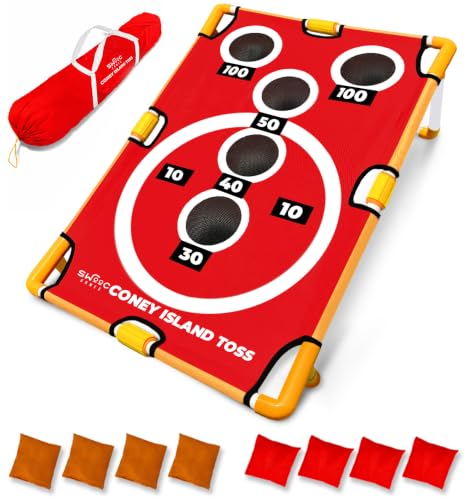 Swooc Games - Coney Island Toss™ - Arcade Style Cornhole Board Set w/Carrying Case & 15+ Games - Corn Hole Games for Adults - Kids Bean Bag Toss Game - Kids Cornhole Set w/Bags - Outdoor Yard Games