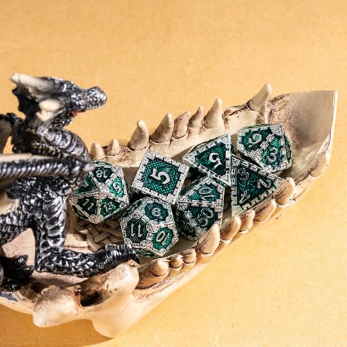 UDIXI Metal DND Dice Set, Metal Dice Set D&D for Tabletop Games (Green) | 7-Pieces, Dragon Carved, Chain-edge Design, Metal Gift Box, DM Gift, for Dungeons and Dragons Role Playing Games - color: Chain Frame-silver Green