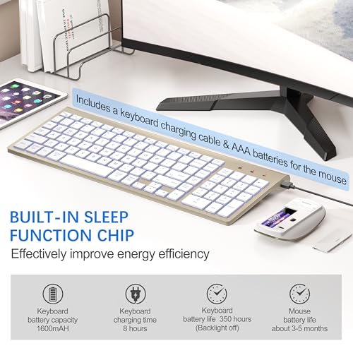 Wireless Backlit Keyboard and Mouse Ultra Slim Combo, TopMate 2.4G Silent Compact 2400DPI Mouse and Scissor Switch Keyboard Set, Batteries Included, for PC/Laptop/Windows/Mac/Gaming - BL Gold White - color: BL Gold White