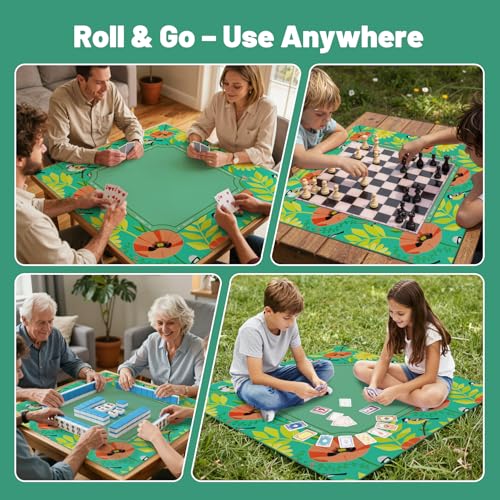 Anti Slip Mahjong Mat for Table 32.4" x 32.4" - Noise Reduction Rubber Base Game Mat with Carrying Bag, Waterproof Portable Table Cover for Poker/Cards/Board Games/Tile Games- Green - color: Fl-green