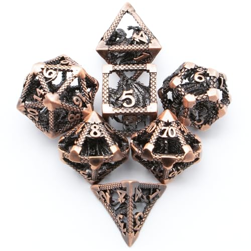 DND Dice Set,3D Hollow Dragon Metal 7-Die,Antique Red Copper | copper construction,68g balanced weight,engraved numbers,gift box and velvet bag for DND RPG play - color: 3d-copper
