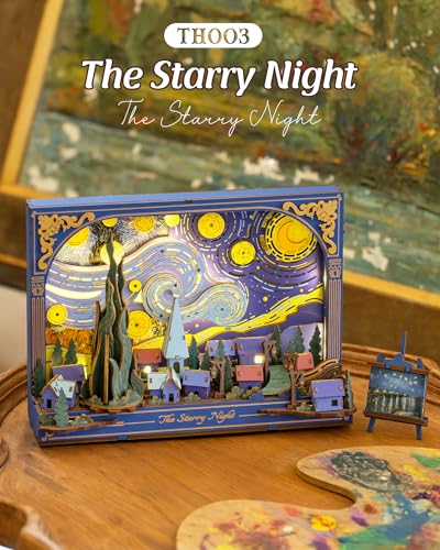 3D Wooden Puzzles for Adults Van Gogh Starry Night DIY Model Building Kits with LED Light - Home Decor, Wall Art & Unique Creative Gifts for Art Lovers/Men/Women - style: Starry Night