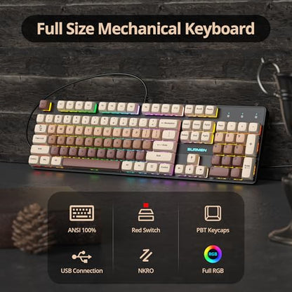 Full Size Mechanical Keyboard, Creamy Keyboard with Number Pad, 104 Keys Wired Gaming Keyboard with Red Switch, RGB Backlit for PC Laptop - color: Brown
