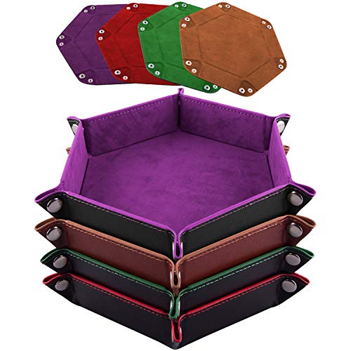 SIQUK 4 Pieces Dice Tray Hexagon Dice Rolling Tray Folding PU Leather Velvet Dice Tray for Dungeons and Dragons RPG DND Dice Game, 4 Colours - color: Violet, Coffee, Green and Red