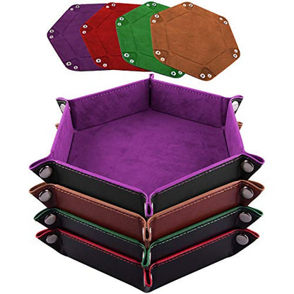 SIQUK 4 Pieces Dice Tray Hexagon Dice Rolling Tray Folding PU Leather Velvet Dice Tray for Dungeons and Dragons RPG DND Dice Game, 4 Colours - color: Violet, Coffee, Green and Red