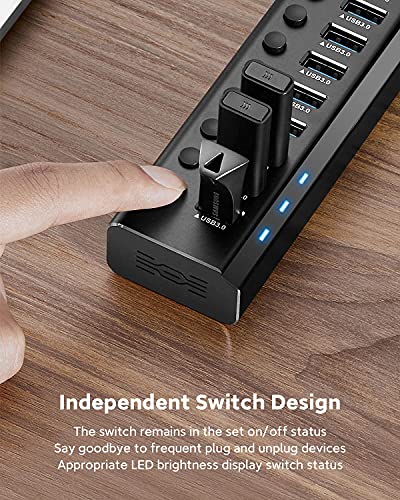 10-Port Powered USB Hub, Aluminum USB 3.0 Data Hub 36W, RSH-A10 | USB Extender Hub Splitter with 12V/3A Power Adapter and Individual On/Off Switches, for Laptop and PC - size: 10-Port Powered USB Hub