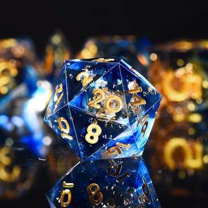 AUSTOR 7-Die DND Dice Set Handmade Sharp Edge Polyhedral Dice for Dungeons and Dragons RPG MTG Table Games（Tranlucent Blue with Glod Sequins） - color: Tranlucent Blue With Glod Sequins