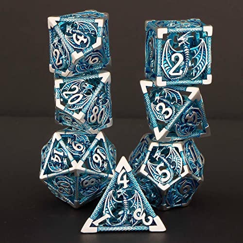 KERWELLSI Hollow DND Dice Set D&D with Gifts Box, 7pcs Polyhedral Metal D and D Dice for Role Playing Game, Dungeon Dragon Dice D20 D12 D10 D8 D6 D4 (Blue) - color: Blue