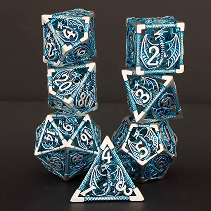 KERWELLSI Hollow DND Dice Set D&D with Gifts Box, 7pcs Polyhedral Metal D and D Dice for Role Playing Game, Dungeon Dragon Dice D20 D12 D10 D8 D6 D4 (Blue) - color: Blue