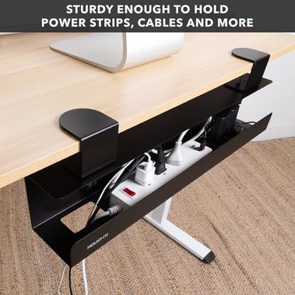 Mount-It! Under Desk Cable Management Tray – Clamp-On No-Drill Metal Cable Management Tray for Desk & Standing Desk, Wire & Cord Organizer for Power Strips, Glass Desks – 23.6” Black