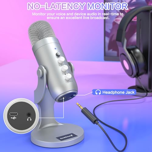 ZealSound Podcast Microphone for PC, Noise Cancellation USB Mic with Gain, Volume Adjustment & Mute Button, Monitoring & Echo, for YouTube, TikTok, Podcasting, Streaming, iPhone, iPad, Android(Silver) - color: Silver