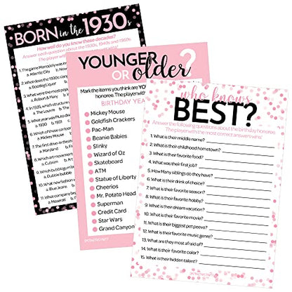 DISTINCTIVS Pink 90th Birthday Games Set, Born in the 1930s, 20 Guests | 5" x 7" Dual-Sided Cards, Who Knows Best, Older or Younger, and 1930s Trivia Games, Answer Keys Included - color: Pink