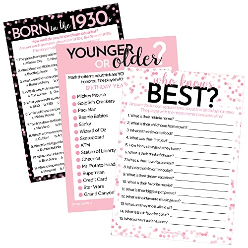 DISTINCTIVS Pink 90th Birthday Games Set, Born in the 1930s, 20 Guests | 5" x 7" Dual-Sided Cards, Who Knows Best, Older or Younger, and 1930s Trivia Games, Answer Keys Included - color: Pink
