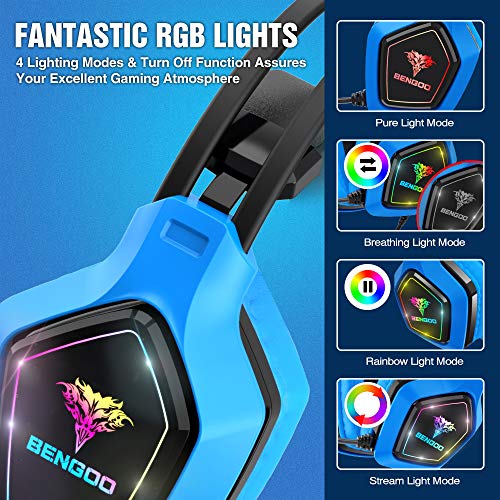 BENGOO USB Pro Gaming Headset for PC PS4, 7.1 Surround Sound Gaming Headphones with Noise Cancelling Mic, in-Line Volume/Mic/EQ Control, Soft Memory Earmuffs RGB Lights for Laptop Mac Nintendo 64