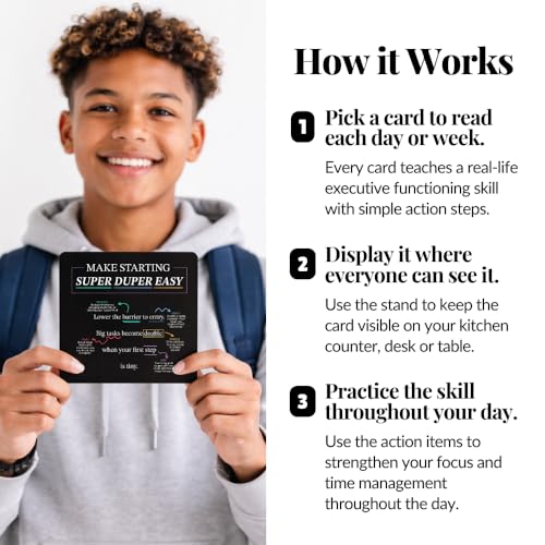 Executive Functioning Mindset Cards – 52 Daily Habit Cards for Focus, Organization & Follow Through – for Kids, Teens & Adults – Includes Wooden Display Stand – Gift for Teachers & Parents - style: Executive Functioning