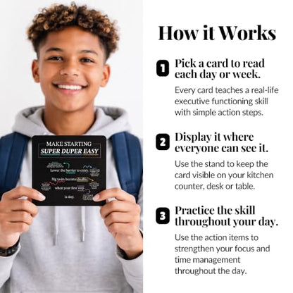 Executive Functioning Mindset Cards – 52 Daily Habit Cards for Focus, Organization & Follow Through – for Kids, Teens & Adults – Includes Wooden Display Stand – Gift for Teachers & Parents - style: Executive Functioning