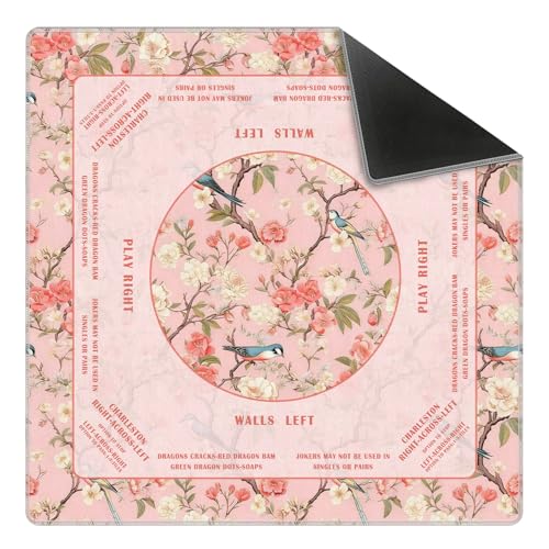 Pink Floral Bird Chinoiserie Mahjong Mat 31.5 x 31.5 in, Traditional Chinese Flower Non-Slip Noise Reduction Gaming Mat for Table American Mahjong Poker Board Games Card Games Dominoes - color: Allover Camellia, Bird & Flower Mahjong Mat