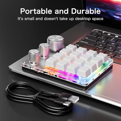 Programmable Macro Keyboard, 16 Keys 3 Knob Mini Mechanical Gaming Keypad Multifunctional Macropad with USB Wired Bluetooth Mode Volume Controller (White) - color: White