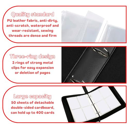 Card Binder with 4 Pockets with Zipper for 50 Pages, 400 Removable Pocket PU Waterproof Trading Collection Binder, 3 Rings Zipper Portable Card Album for MTG TCG Sports Cards Game Cards as Gift, Red