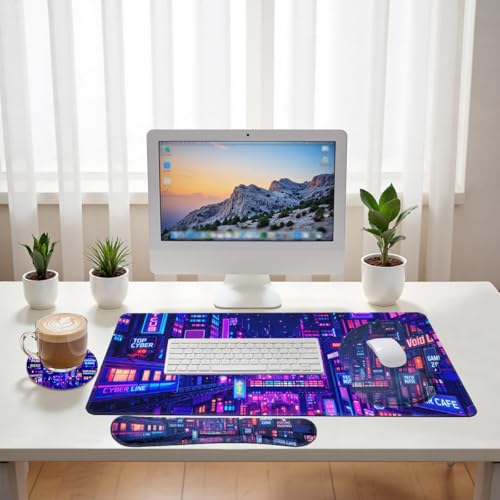 Cyber City Desk Mat Set Neon Gaming Night Large Mouse Pad with Wrist Rest 4-in-1 Desk Mat for Desktop Ergonomic Computer Desk Arm Wrist Anti-Slip Computer Ergonomic Mouse Pad Home Office Gaming - color: Cyber City, size: 34.5" x 15.7"