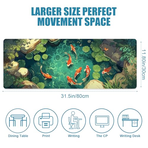 Large Gaming Mouse Pad, Desk Mat, XL Extended Big Mousepad with Non-Slip Rubber Base Stitched Edges, Computer Keyboard Mat for Office Home, 31.5x11.8in, Japanese Koi Fish Pond - color: Koi Fish