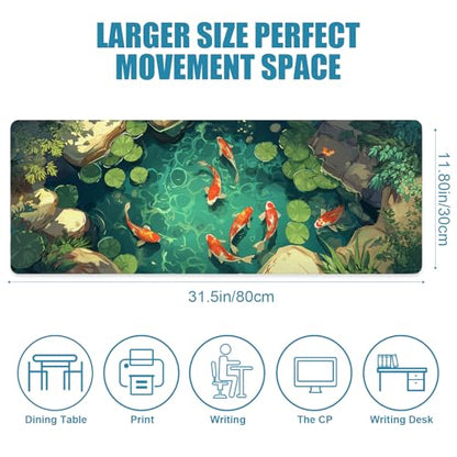 Large Gaming Mouse Pad, Desk Mat, XL Extended Big Mousepad with Non-Slip Rubber Base Stitched Edges, Computer Keyboard Mat for Office Home, 31.5x11.8in, Japanese Koi Fish Pond - color: Koi Fish