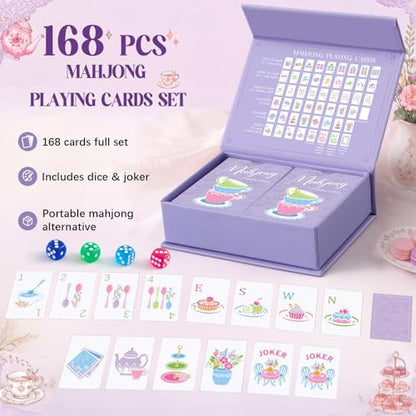 Soulchen 168-Piece PVC American Mahjong Cards, Large Print Set | Tea Party Wonderland design, magnetic storage box, large print cards, travel play, family game nights - color: Lavender, style: Tea Party