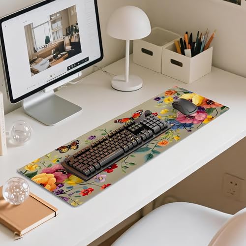 31.5”x11.8”Large Gaming Mouse Pad for Desk, Mouse Mat with Seamed Edges, Waterproof Desk Pad, Non-Slip Rubber Base, Keyboard Pad Computer Mat, Big XL Mousepad-Boho Floral with Butterflies - color: Boho Floral With Butterflies