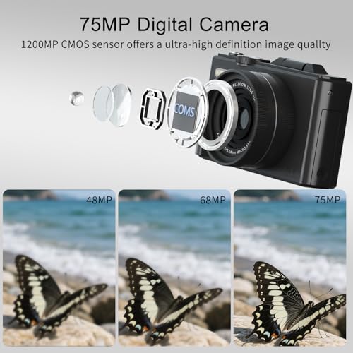 FLATIC 5K Digital Camera, 75MP Cameras for Photography with WiFi & 64GB TF Card, Autofoucs Vlogging Camera for YouTube with 180° Flip Screen, Vlog Camera Kit for Beginner, Teens