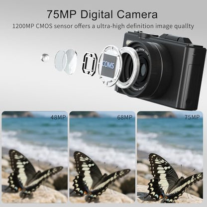 FLATIC 5K Digital Camera, 75MP Cameras for Photography with WiFi & 64GB TF Card, Autofoucs Vlogging Camera for YouTube with 180° Flip Screen, Vlog Camera Kit for Beginner, Teens
