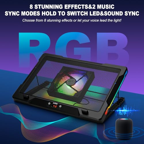 G-STORY Gaming Laptop Cooling Pad with Movable Fan and Automatic Speed Adjustable by Temperature,Music Sync RGB Light,Low Noise Laptop Cooler 3 Speed 1500/1750/2000RPM(140MM) Stand 12–17.3" Notebook